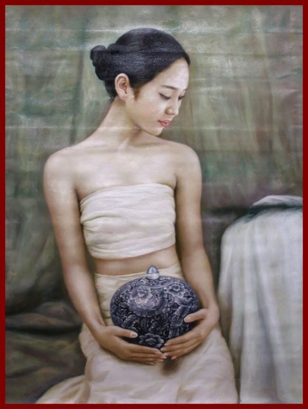 ☆油彩画 嫋やか雰囲気 「壺を持つ娘」    BZ拍卖