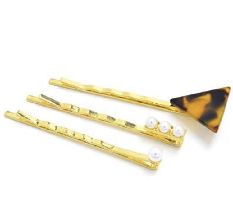 おしゃれかわいい 人気 カジュアル マーブルトライアングル&パールヘアピン 3本セット 激安 レア拍卖