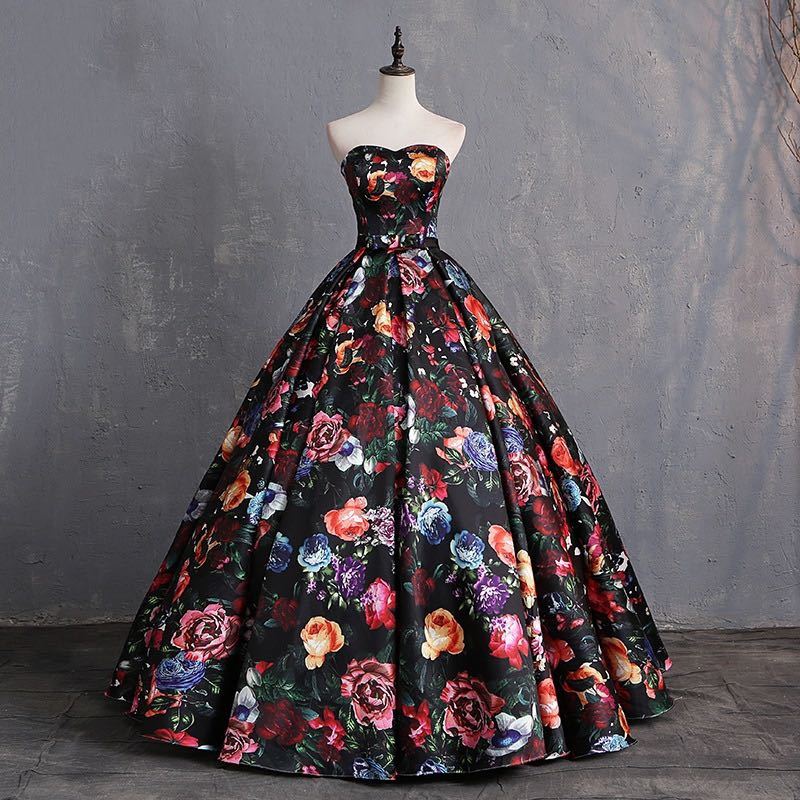 サイズオーダーメイド 花嫁カラードレス 二次会 お色直し花柄 可愛い ピアノ演奏会 発表会 衣装 プリンセスライン ドレス パニエ 付属拍卖