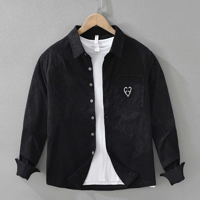 シャツジャケット 長袖シャツ 新品*メンズ シャツ トップス 男性用 コットンシャツ 春秋 切替【7611】クロ【M-3XL選択】拍卖