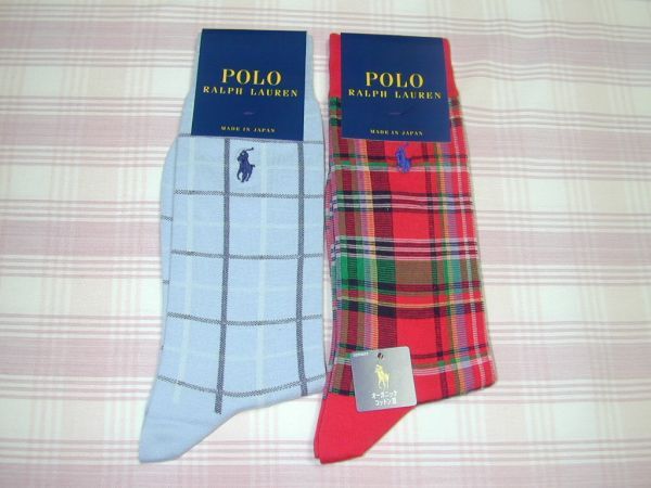 ポロラルフローレン*赤&水色チェックの靴下2点/25-27cm拍卖