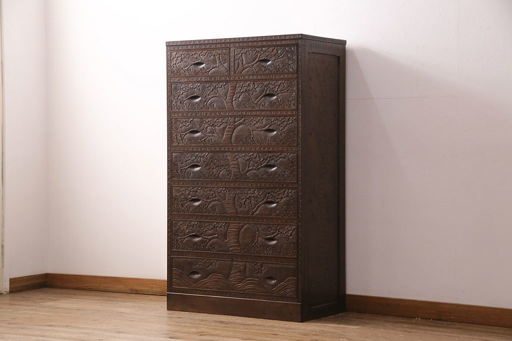 R-049868 ビンテージ家具 美品 伝統工芸 軽井沢彫り 桜の彫りが優美なチェスト(衣装箪笥、洋服タンス、引き出し)(R-049868)拍卖