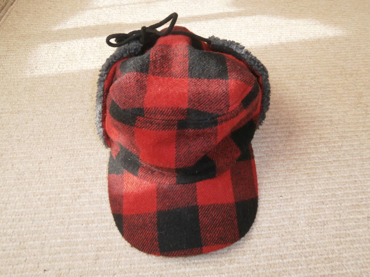エディバウアーキャップ・Eddie Bauer・赤・ 黒チェック・ ウール フラップキャップ ・ONESIZE・使用品拍卖