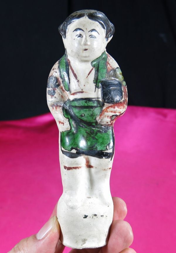 ③e 宋赤絵人物立像 金~元時代 13~15世紀 遺跡発掘品 中国 陶器/ 副葬品 墳墓 シルクロード 明器 埋蔵文化財 素焼き 磁州窯拍卖