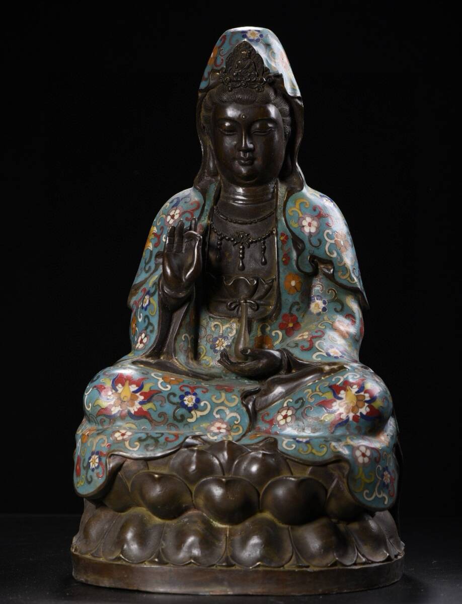 旧蔵 清 乾隆年製 景泰藍 観音菩薩 仏像 奉納されていた 供養品 銅製 極細工 中国古玩 古美味 古董品 201-08拍卖