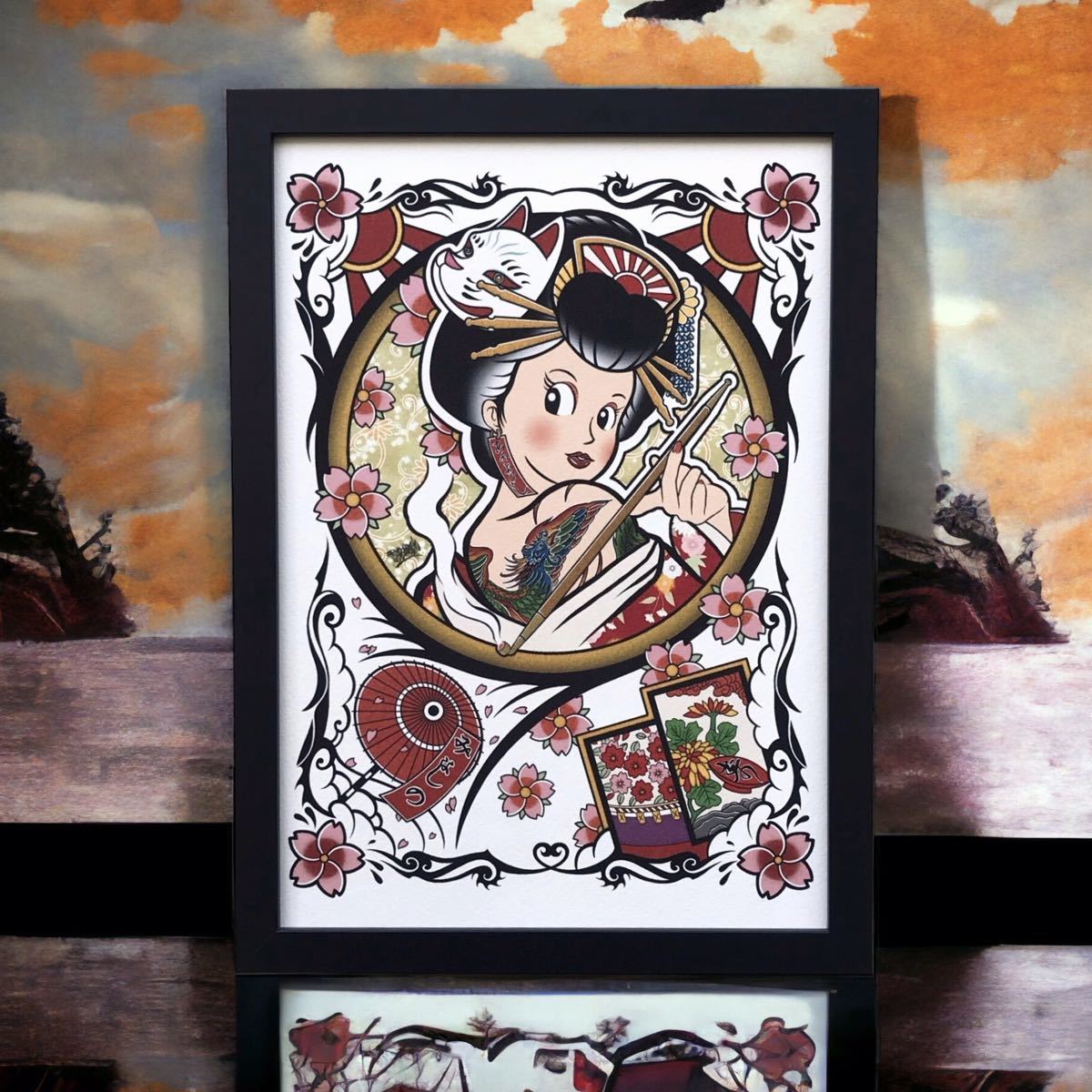 花魁 花札 縁起物 開運 招福 商売繁盛 和柄 着物 和彫り 刺青 タトゥー 鳳凰 イラスト 絵 A4サイズ 黒色 額縁付き アートフレーム拍卖
