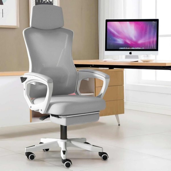 オフィスチェア 椅子 テレワーク デスク ワーク パソコン メッシュ オットマン ロッキング リクライニング ハイバック 高反発座面 (グレー)拍卖