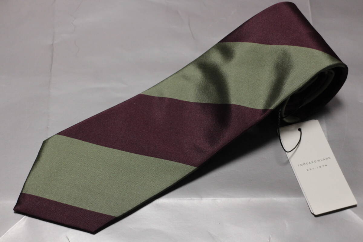 トゥモローランド*カネパ新品ネクタイ超華麗艶ピスタチオグリーン*パープルレジメンタル裏朱子織ワイドピッチ段落ちフルハンドメイド拍卖
