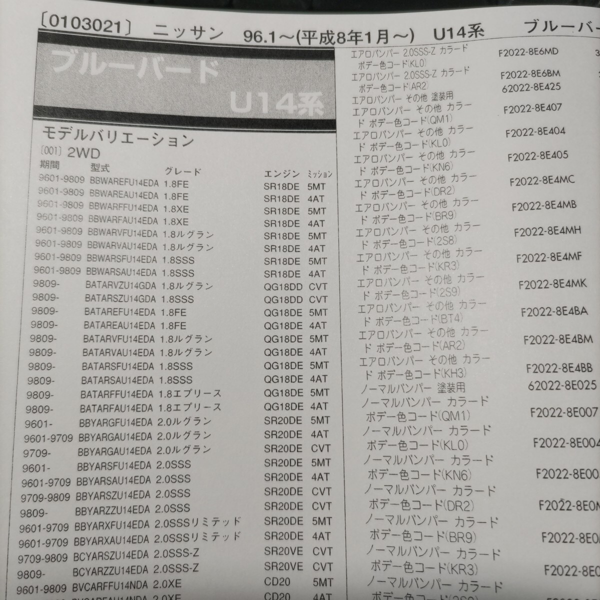 ●◇【パーツガイド】 ニッサン(日産) ブルーバード (U14系) H8.1~ 2001年版 前期【絶版・希少】拍卖
