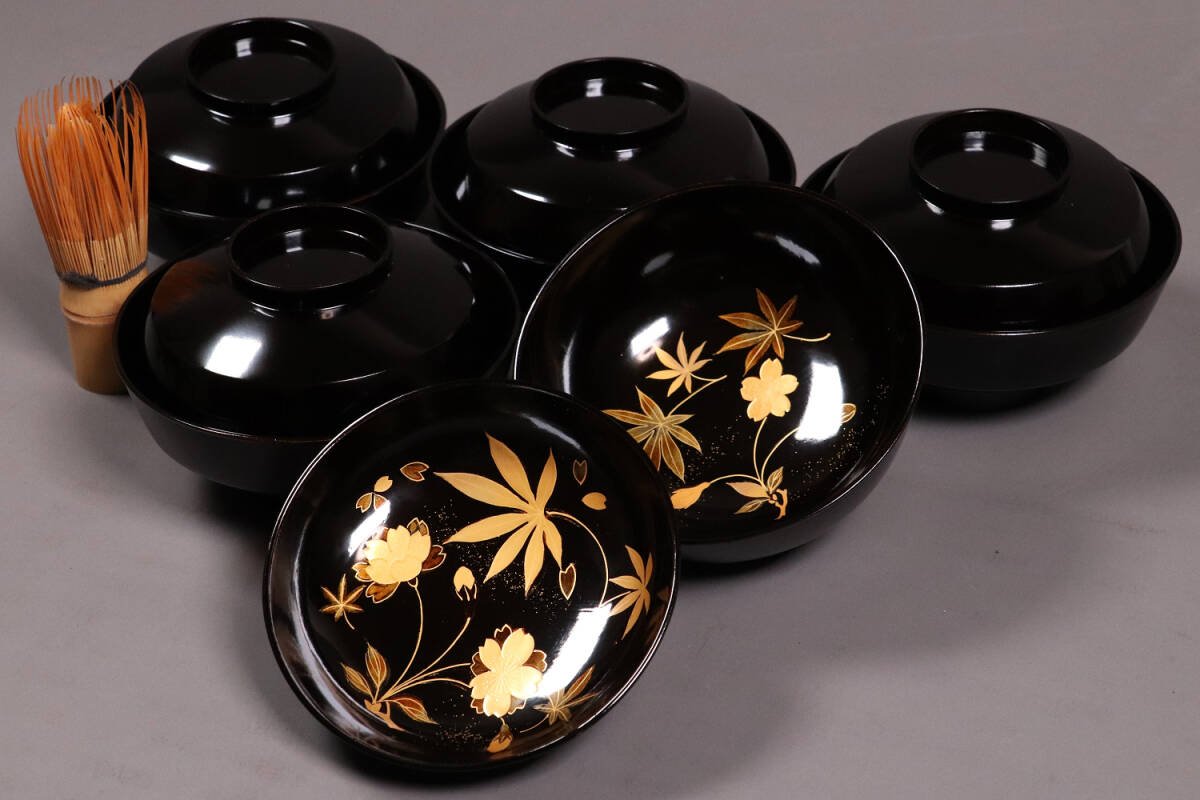 時代木製漆器 桜紅葉 黒蒔絵椀 五客 金蒔絵 梨地 楓【CL61】検・茶懐石道具 会席 正月 お祝い 輪島 京都 加賀 漆芸拍卖