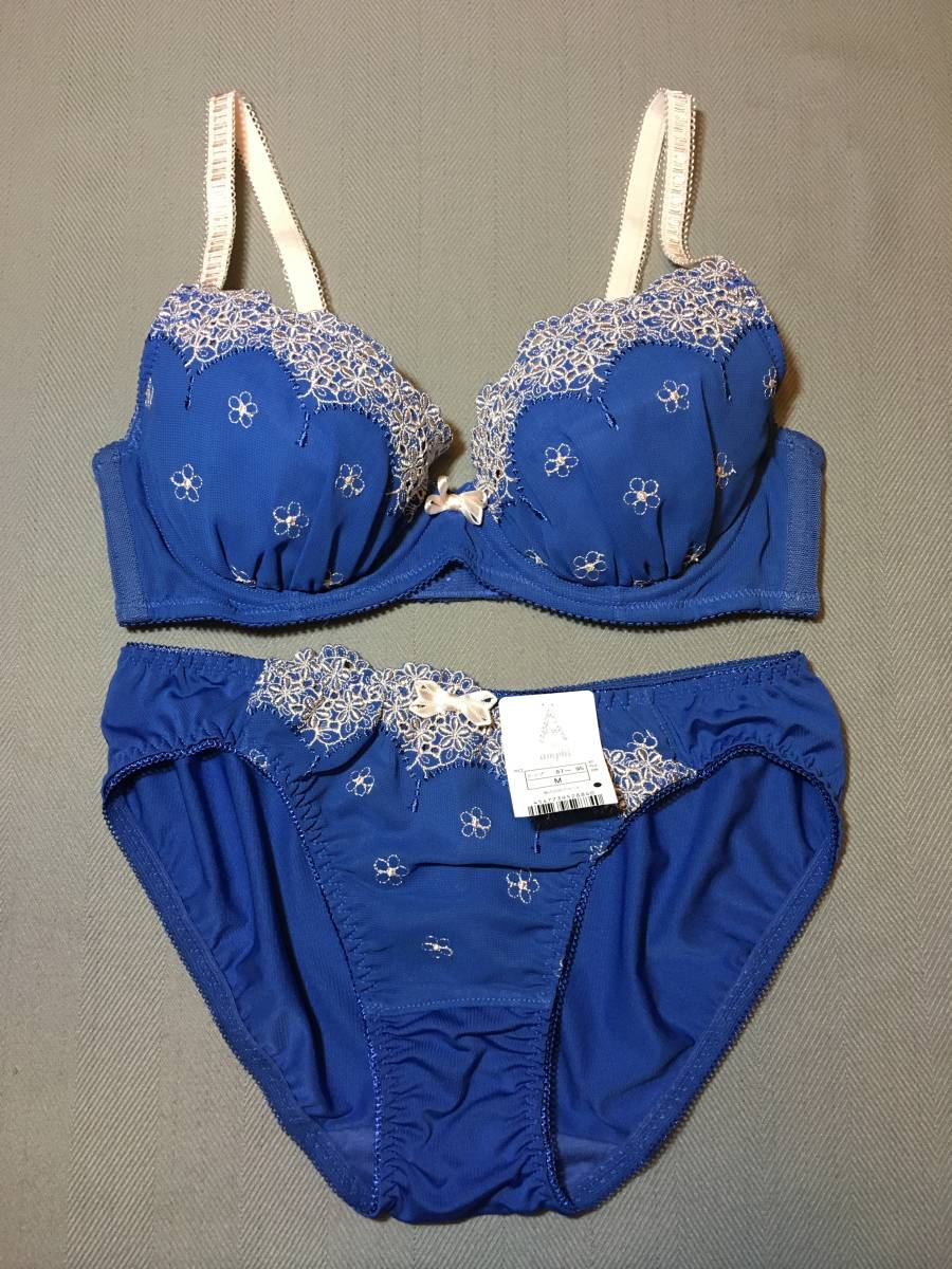 新品 タグ付き ワコール A by アンフィ A by amphi D65 M レース リボン ブラジャー ショーツ 上下 セット パンツ ブルー ピンク拍卖