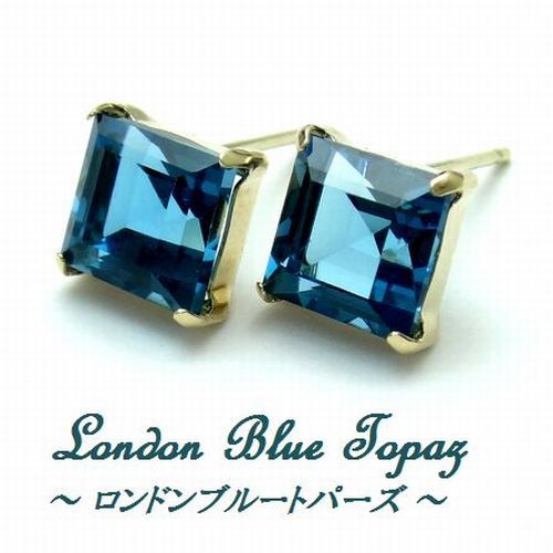 11月誕生石★ロンドンブルートパーズ スクエアカット K10YG ピアス 角 6mm 大粒 イエローゴールド 10金 ジュエリー 天然石 箱付き拍卖