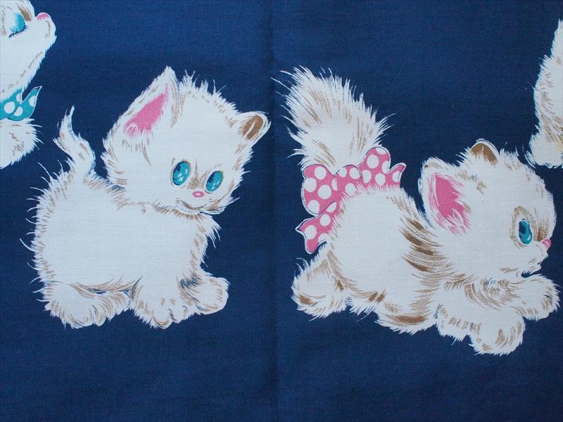 レトロビンテージ生地*ラスト・ボーダー水玉レース白猫ちゃん・92×80・コットン厚手☆ハンドメイド拍卖