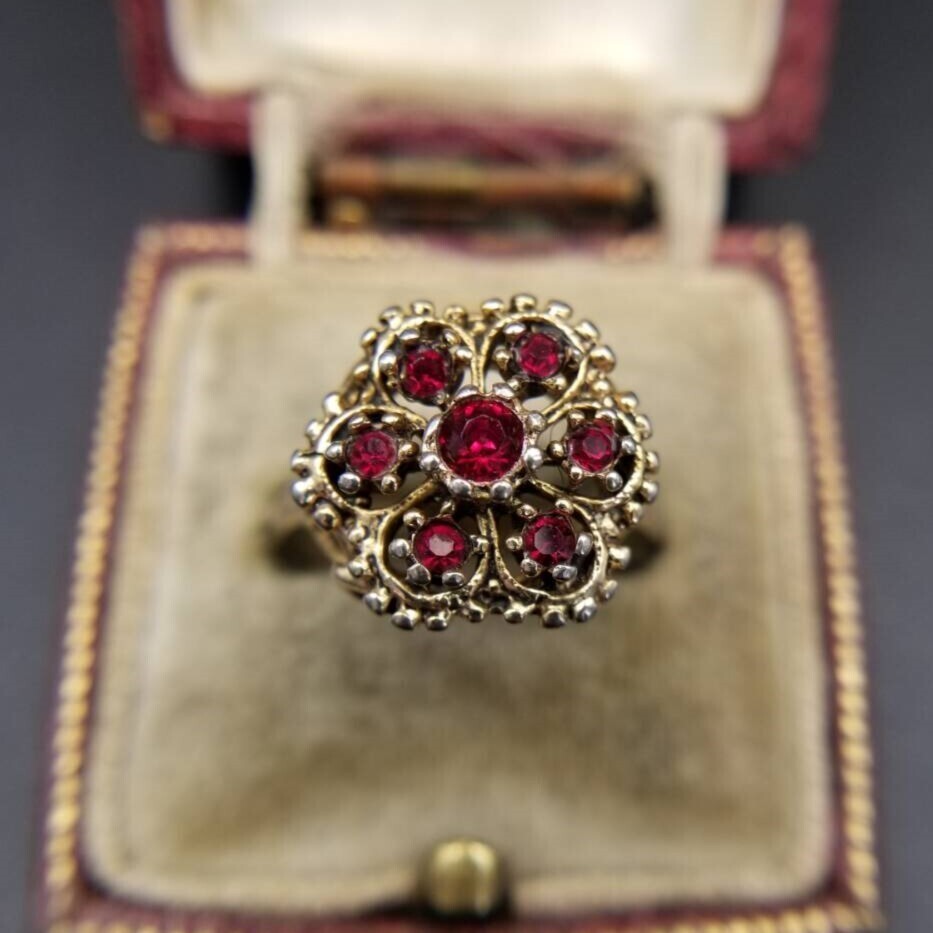50'60's頃 UNCAS社製 ヴィクトリアン 赤石 ゴールドトーン ヴィンテージ フラワー リング 指輪 エレガント コスチュームジュエリー Y21-E拍卖