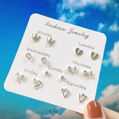 ピアス シルバー 7セット デイリー 小さい シンプル ハート トライアングル リボン 王冠 スタッド 7 #C727-7拍卖