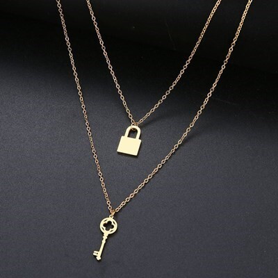 ネックレス キー ゴールド 鍵 南京錠 アレルギー対応 シンプル ダブル ペンダント ファッション ジュエリー 素材 ステンレス 鋼 #C783-2拍卖