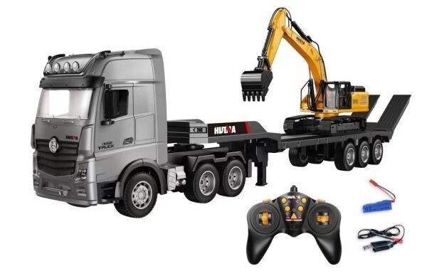 2.4GHz 9ch 1/18スケール 全長832mm 超大型 3軸2デフ 重機回送大型トレーラーラジコン パワーショベルフィギア搭載 ☆キャリアカーR/C拍卖