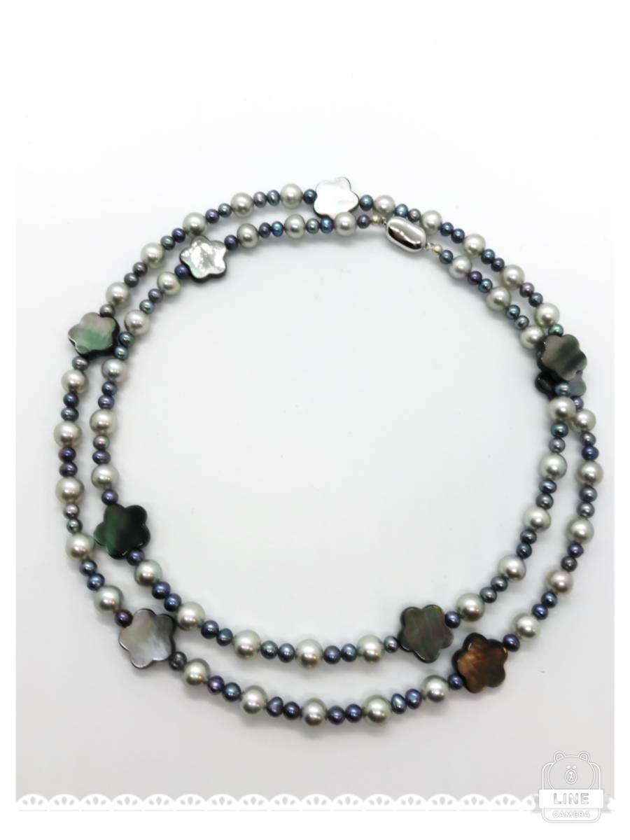 ★アコヤ真珠グレー系7.5㎜珠×淡水ピーコック×黒蝶貝花・ロングネックレス★拍卖