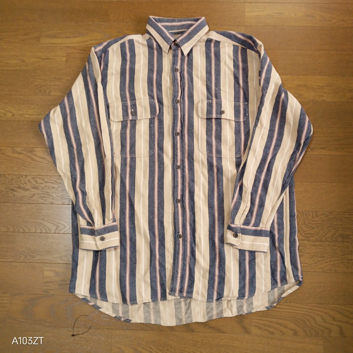 074【即決・送料無料】OUTDOOR PRODUCTS アウトドアプロダクツ 長袖ネルシャツ メンズM クリーム/紺/ボーダー柄拍卖