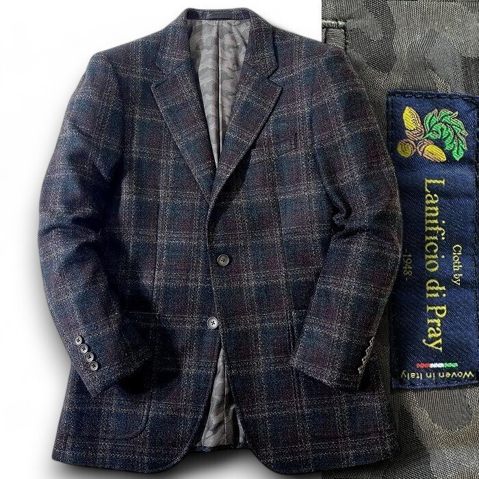 RICHIESTA リキエスタ 定価11.5万 日本製 伊製生地 Lanificio di Pray 高級ウール混 チェック柄 ジャケット 181J9228 Y5 ▲074▼50106w03拍卖