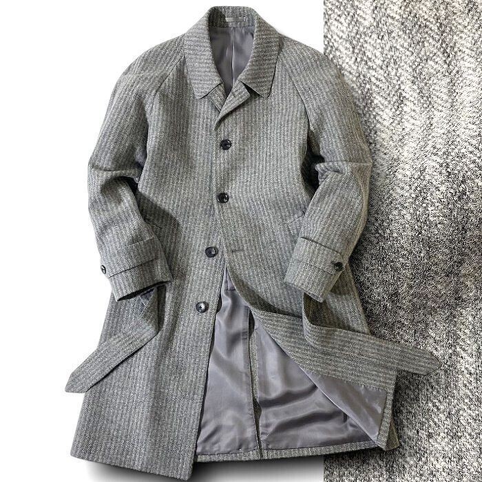 RICHIESTA リキエスタ 定価11.9万 日本製 ツイーディーウール ストライプ柄 ベルテッドコート ロングコート 187K8503 L ▲074▼41128w04拍卖