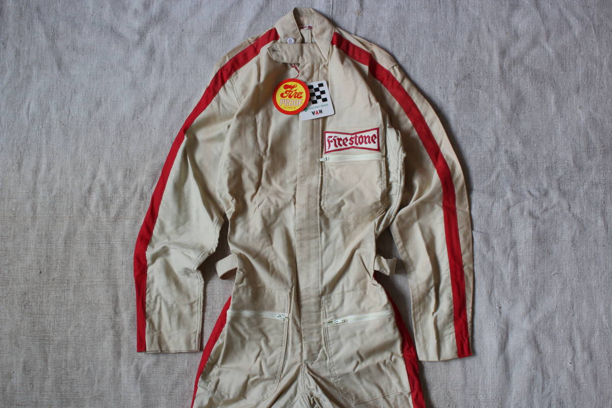 新品タグ付 RACING MATEレーシングメイト バンVAN JACKETヴァン ジャケット生沢徹カーレース スーツ つなぎWネーム ガレージ レアFirestone拍卖