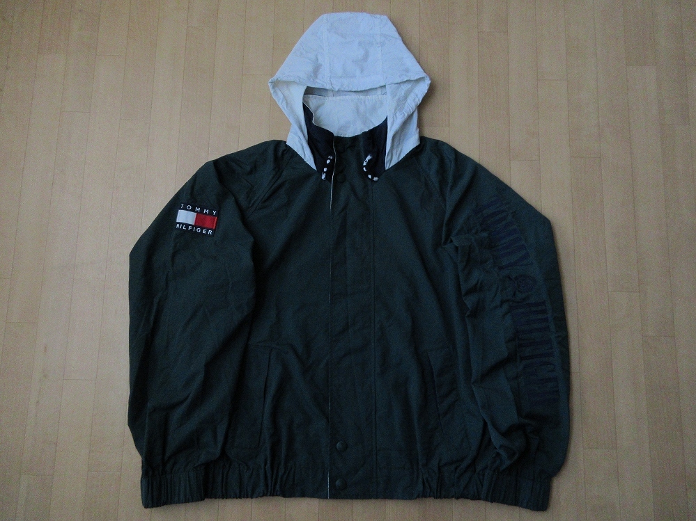 90's TOMMY HILFIGER袖刺繍 ロゴ パッチ フード ナイロン ジャケットXLトミーヒルフィガー 袖 刺繍 パーカー フーディー セーリング マリン拍卖