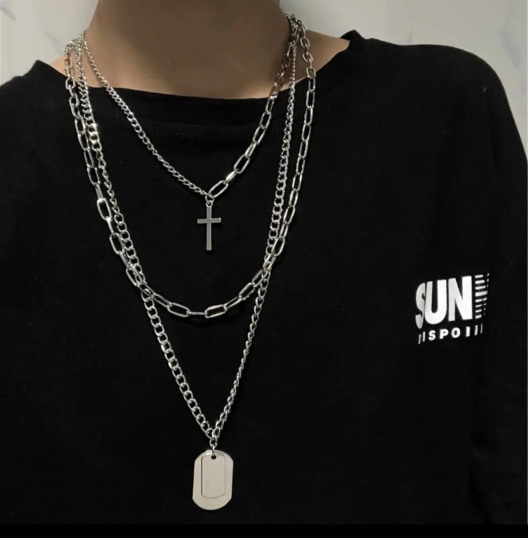 3連ネックレス クロス プレート チェーン ユニセックス拍卖