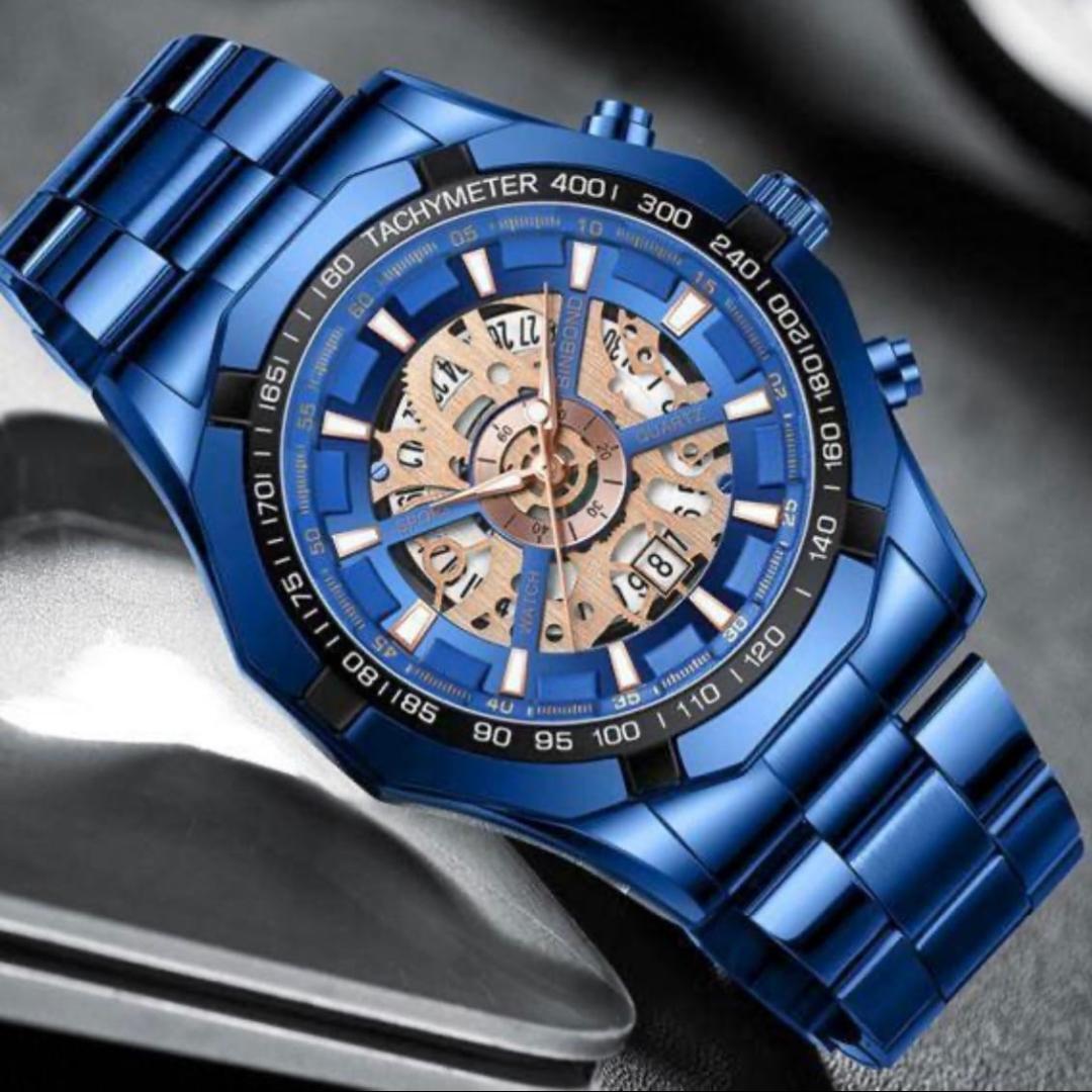 スケルトン腕時計 メンズ ステンレス ラグジュアリー 海外モデル ブルー拍卖