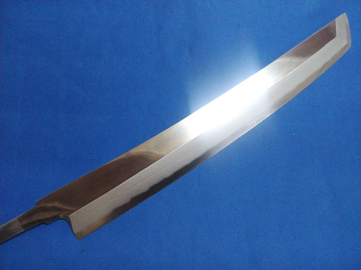 城山刃物製作所(堺業務用刃物メーカー直売)尺 剣型先丸 銀三ダマスカス鋼16層打ち 両鏡面 黒檀水牛柄(白or黒選択)拍卖