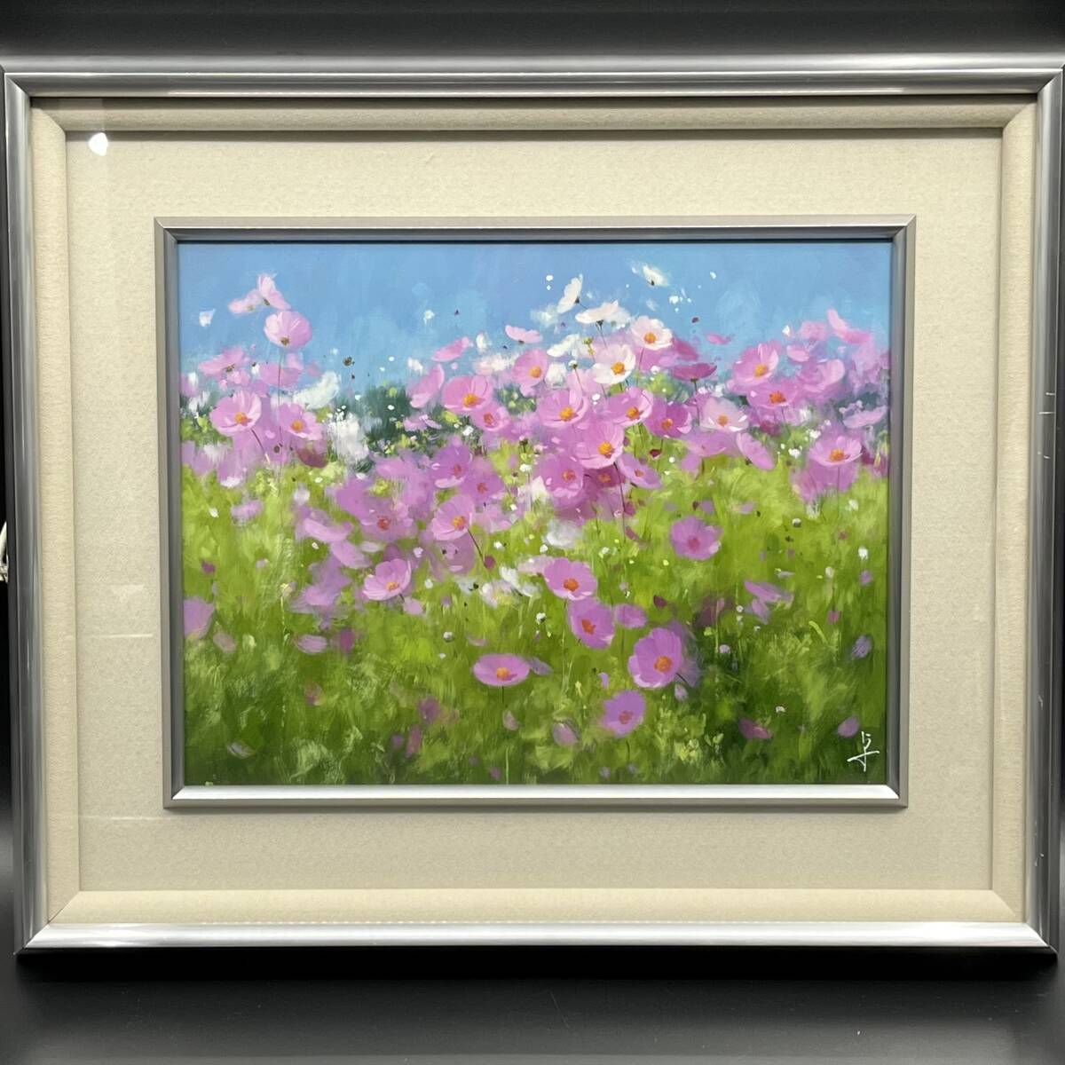 【模写】 油彩画 コスモス 額縁 (約)縦51.㎝×横58㎝×厚み6cm 拍卖