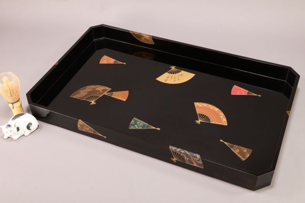 輪島塗 扇面金蒔絵黒塗 広蓋 会席 御膳 茶懐石 四方盆 BJ080 拍卖