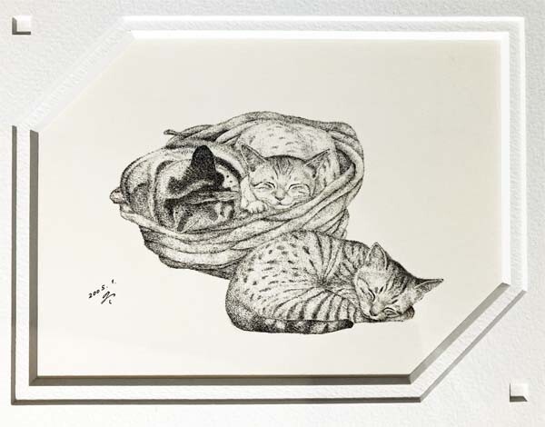 與倉 豪●真作●よくら ごう●細密ペン画 肉筆原画■猫 ねこ■写実リアリズム■細密画■親子■肉筆画■繊細で美しい作品です■可愛い猫たち拍卖