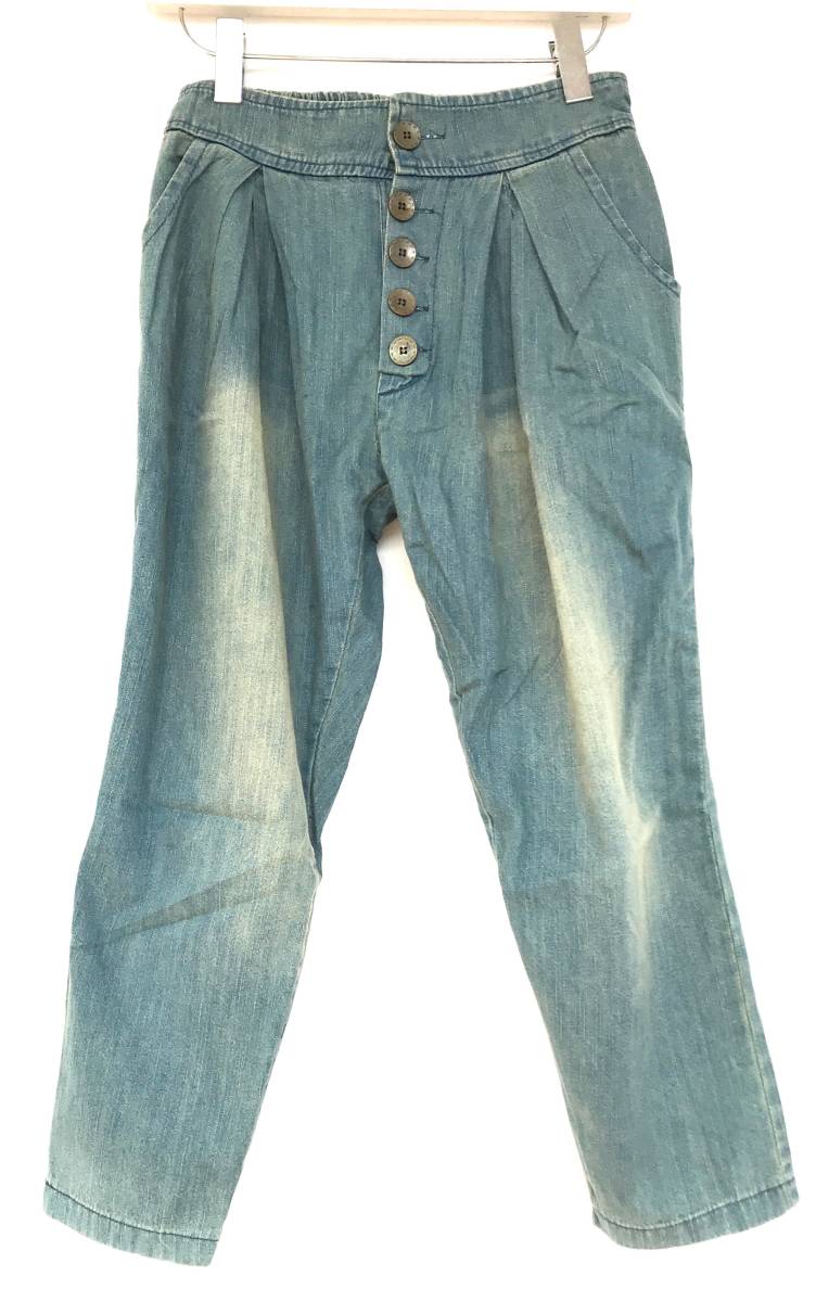 ★デニム サルエルパンツ タック入り レディースM フライ ゴムウエスト ダメージ加工 ゆったり ウォッシュド加工 薄手 E451拍卖
