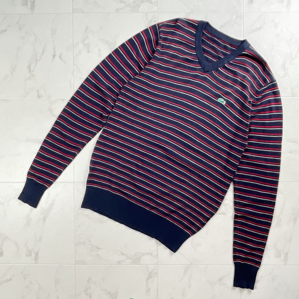 LACOSTE ラコステ ボーダー Vネックセーター リブ ウール混 ネイビー 紺 サイズL相当*WC1410拍卖