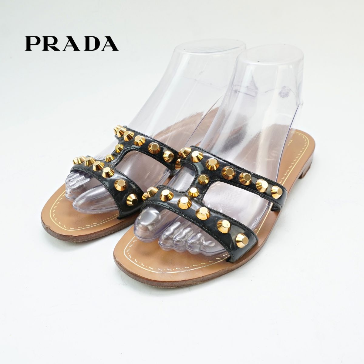 PRADA プラダ 37 24.0 スタッズフラットサンダル イタリア製 ゴールド金具 黒 ブラック ブラウン/XC14拍卖