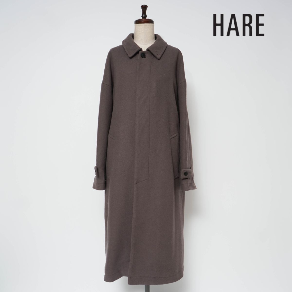 HARE ハレ ウールステンカラーコート 比翼仕立て 総裏 ポケット付 メンズ チャコール グレー 灰色 サイズM*XC841拍卖