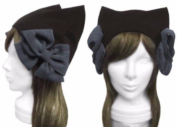 ハンドメイド◆透かし織リボン飾り/猫耳帽子◆コットンニット/ブラック拍卖