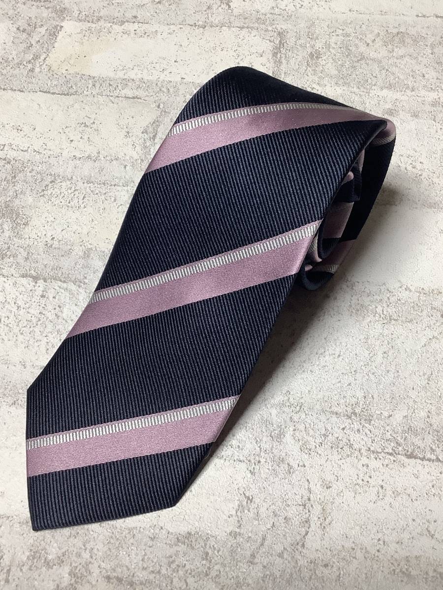 新品未使用★ネクタイ ★シルク100% ネイビー系 パープルストライプ柄 参考上代3,900〜4,900円 リクルート拍卖