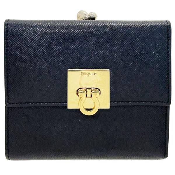 11218 サルヴァトーレ フェラガモ 財布 ガンチーニ がま口財布 レザー 革 ブラック 黒 22 8593拍卖