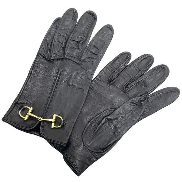 14053 グッチ 手袋 ホースビット レザー グローブ 革 ブラック 黒 サイズ6 約18cm GUCCI アパレル拍卖