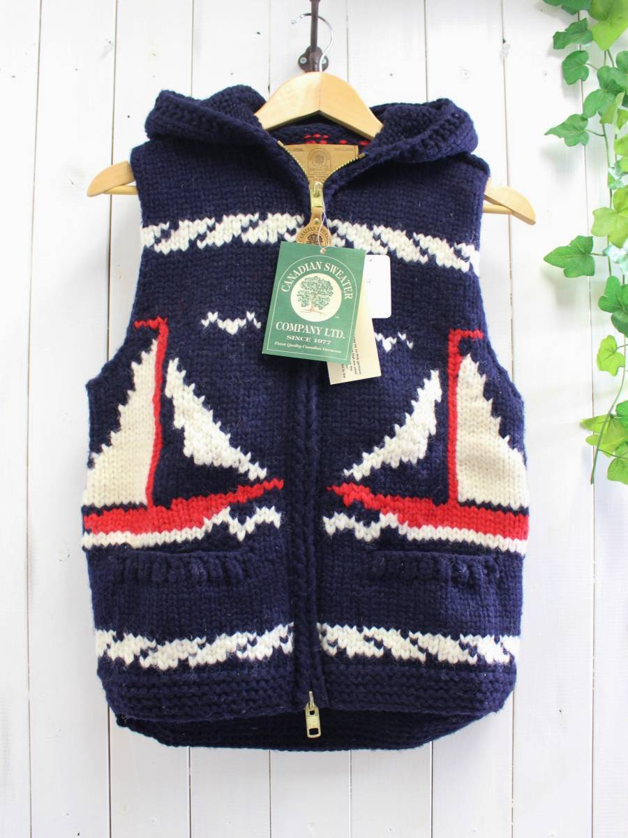 新品◆CANADIAN SWEATER カナディアンセーター◆カウチンセーター マリン ヨット柄 フード付き ジップ ニットベスト 32 定価48,000円拍卖