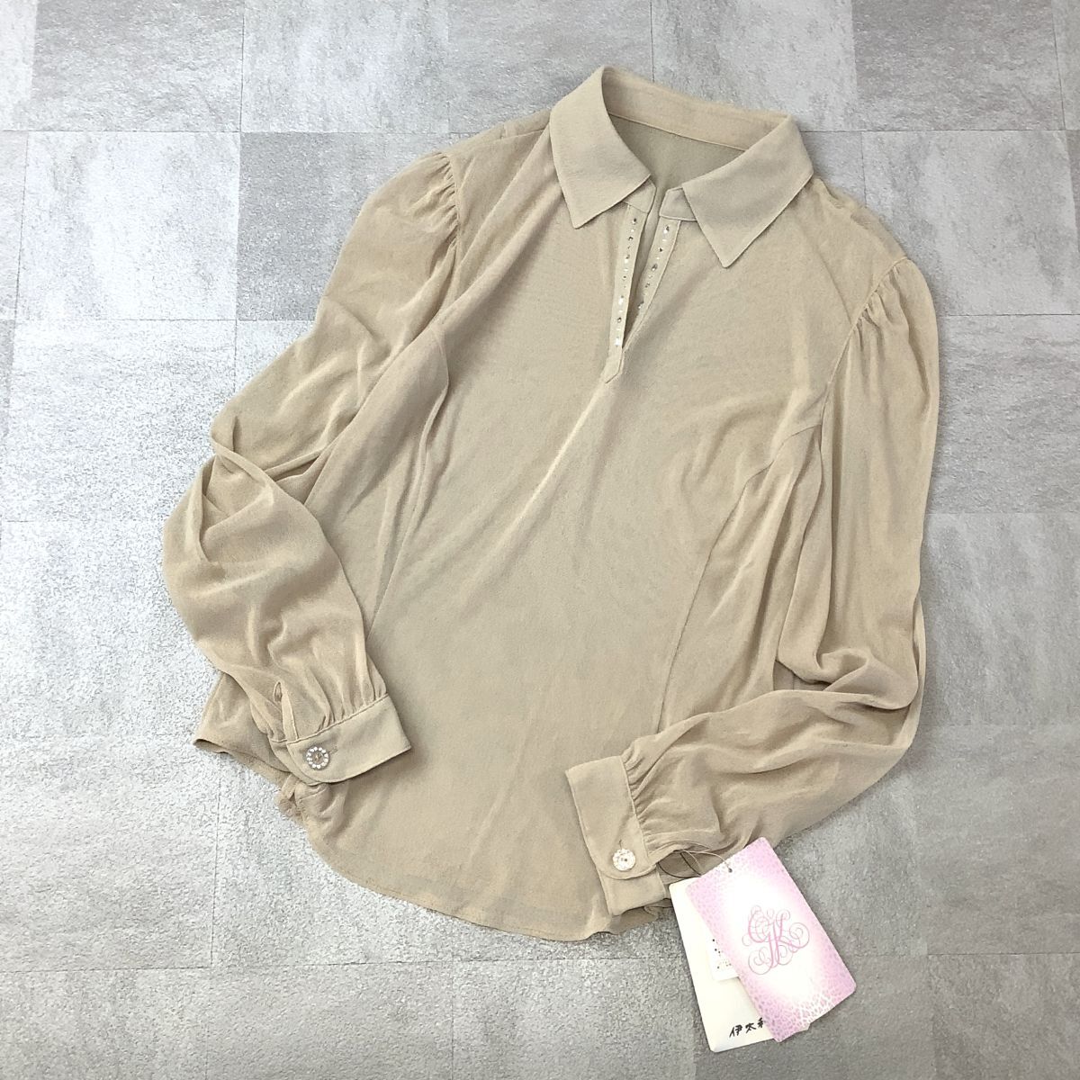 新品 タグ付 伊太利屋 イタリヤ 定価24150円 シースルー スキッパー デザインシャツ レディース 11号 L ベージュ拍卖