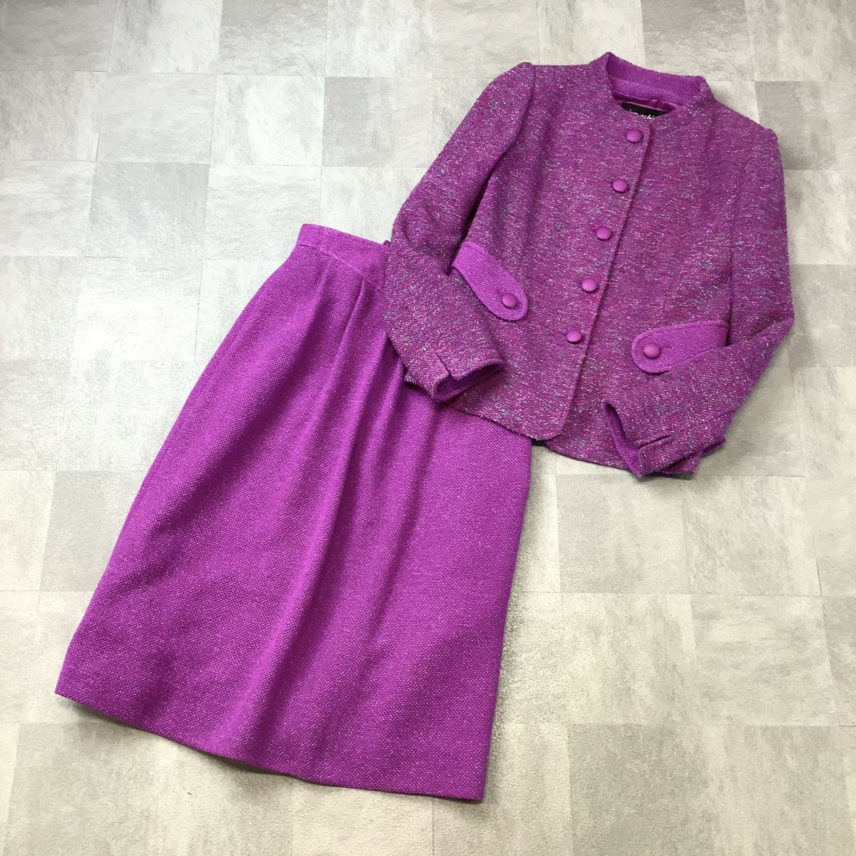 美品 jun ashida ジュンアシダ デザイン スーツセットアップ レディース 7号 S パープル スカートスーツ 抜群なシルエット拍卖