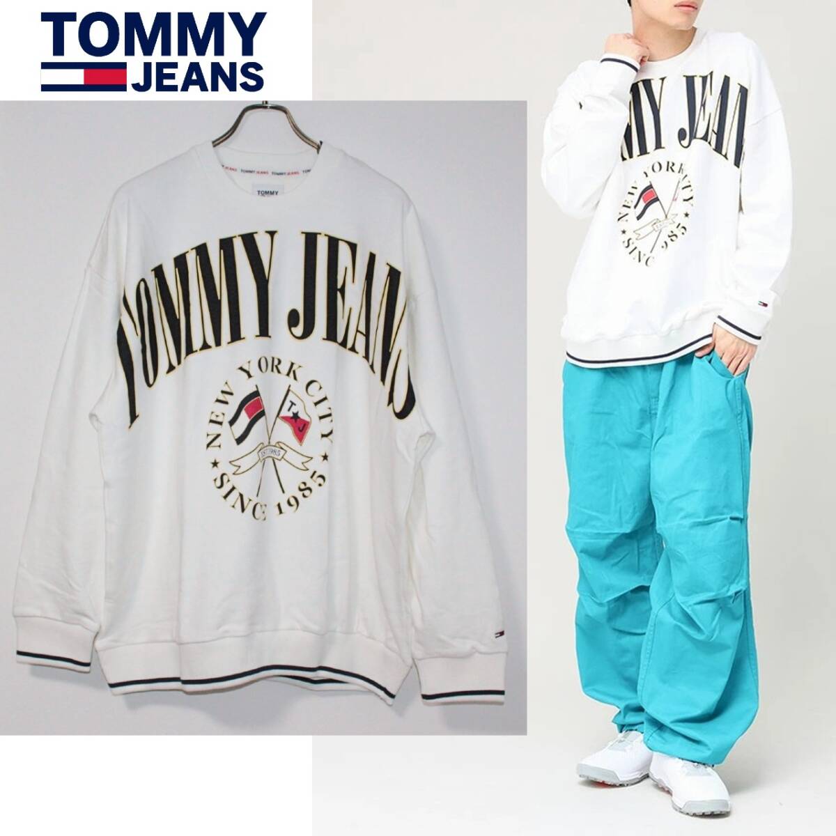 新品 トミージーンズ 裏毛 立体プリント クルーネック スウェットトレーナー Mサイズ 白 K4252拍卖
