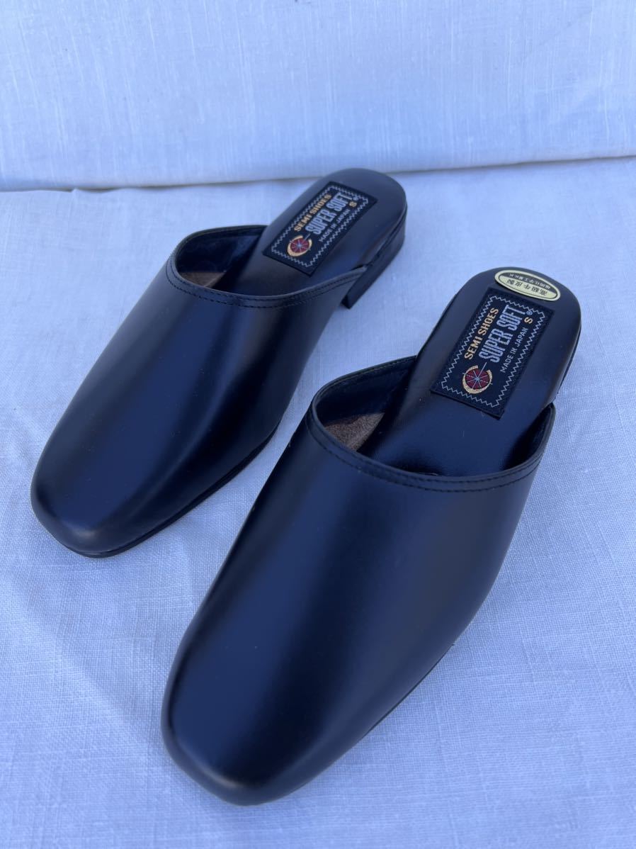 ◆未使用◆紳士用 高級牛皮セミ スーパーソフト 牛革サンダル スリッパ 耐油性 黒Sサイズ 日本製◆g-105拍卖