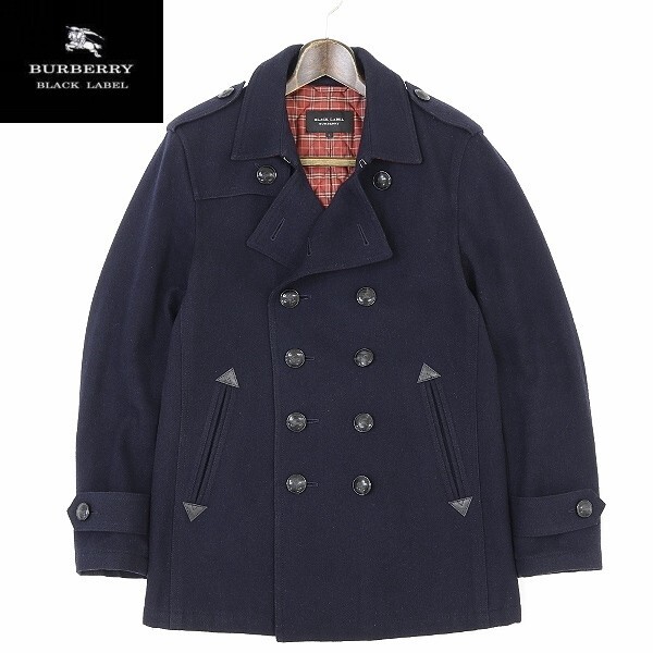 ◆BURBERRY BLACK LABEL バーバリー ブラックレーベル 裏地チェック柄 中綿 ウール ダブル コート 紺 ネイビー L拍卖