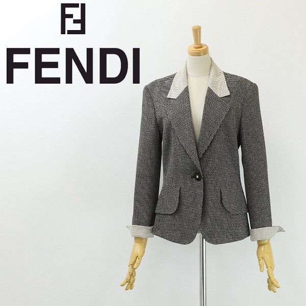 ヴィンテージ◆FENDI フェンディ 襟切替 ロゴボタン ジャケット 黒 ブラック×オフホワイト拍卖