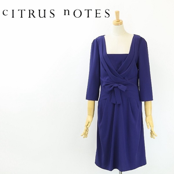 ◆CITRUS NOTES シトラスノーツ ストレッチ ドレープ タック 七分袖 リボン付 ワンピース ネイビー 40拍卖