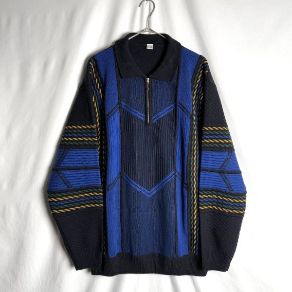 90s ノーブランド ハーフジップ アクリル ニット ポロ シャツ L ブルー セーター ユーロ 80s拍卖